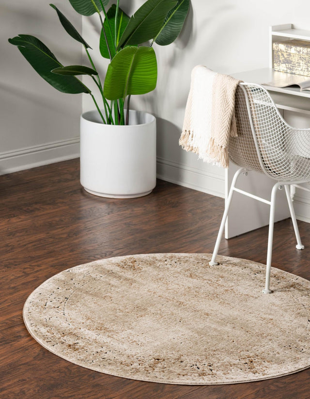 Beige 4' 1 x 4' 1 Chateau Round Area Rug 85% Polypropylene & 15% Chenille With Cotton Backing Traditional Vintage Distressed Carpet for Classical Interior Design Decorating for Sale at Rug Engine