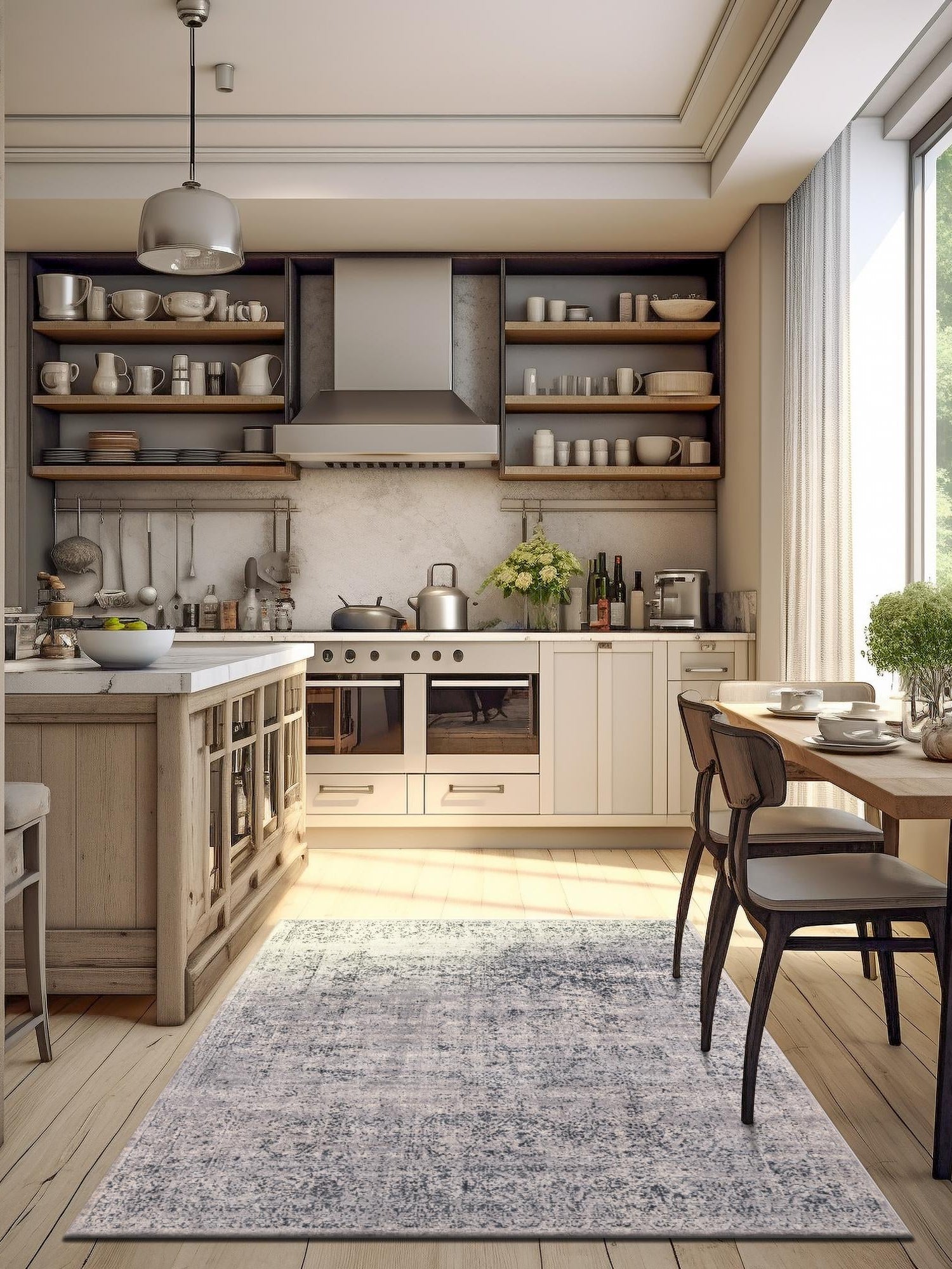 Blue Gray 6' 1 x 9' Chateau Rectangle Area Rug 85% Polypropylene & 15% Chenille With Cotton Backing Traditional Vintage Distressed Carpet for Classical Interior Design Decorating for Sale at Rug Engine