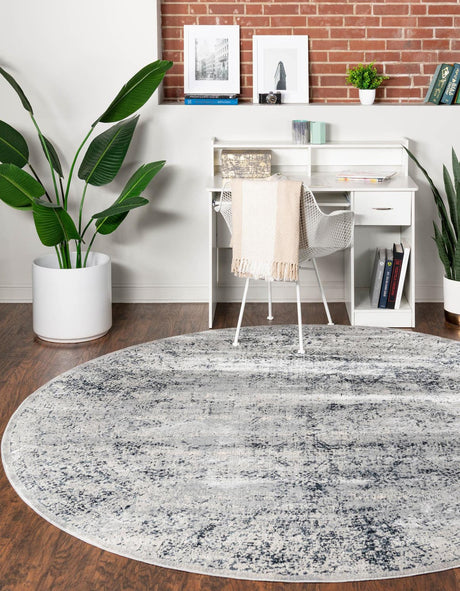 Blue Gray 5' 3 x 5' 3 Chateau Round Area Rug 85% Polypropylene & 15% Chenille With Cotton Backing Traditional Vintage Distressed Carpet for Classical Interior Design Decorating for Sale at Rug Engine