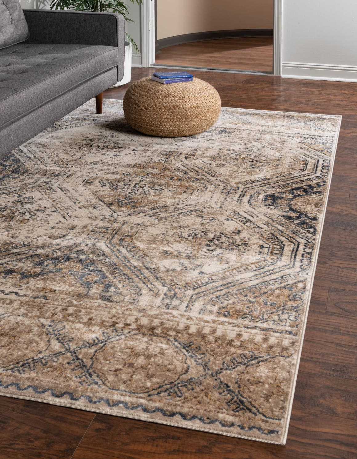 Blue Beige 7' 10 x 10' Chateau Rectangle Area Rug 85% Polypropylene & 15% Chenille With Cotton Backing Traditional Vintage Distressed Carpet for Classical Interior Design Decorating for Sale at Rug Engine