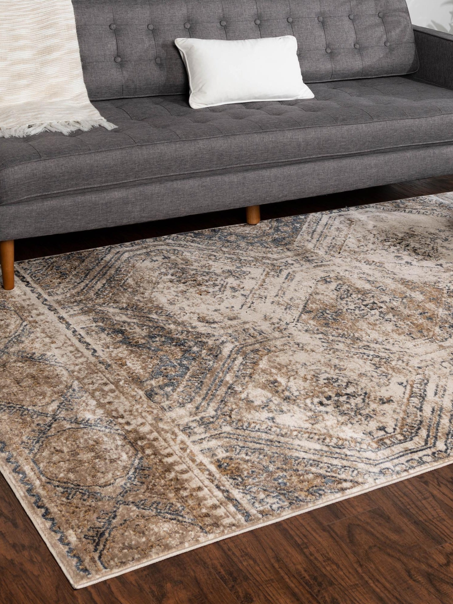 Blue Beige 5' 3 x 8' Chateau Rectangle Area Rug 85% Polypropylene & 15% Chenille With Cotton Backing Traditional Vintage Distressed Carpet for Classical Interior Design Decorating for Sale at Rug Engine