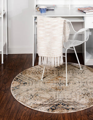 Blue Beige 7' 10 x 7' 10 Chateau Round Area Rug 85% Polypropylene & 15% Chenille With Cotton Backing Traditional Vintage Distressed Carpet for Classical Interior Design Decorating for Sale at Rug Engine