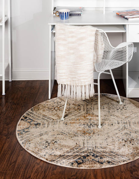 Blue Beige 7' 10 x 7' 10 Chateau Round Area Rug 85% Polypropylene & 15% Chenille With Cotton Backing Traditional Vintage Distressed Carpet for Classical Interior Design Decorating for Sale at Rug Engine