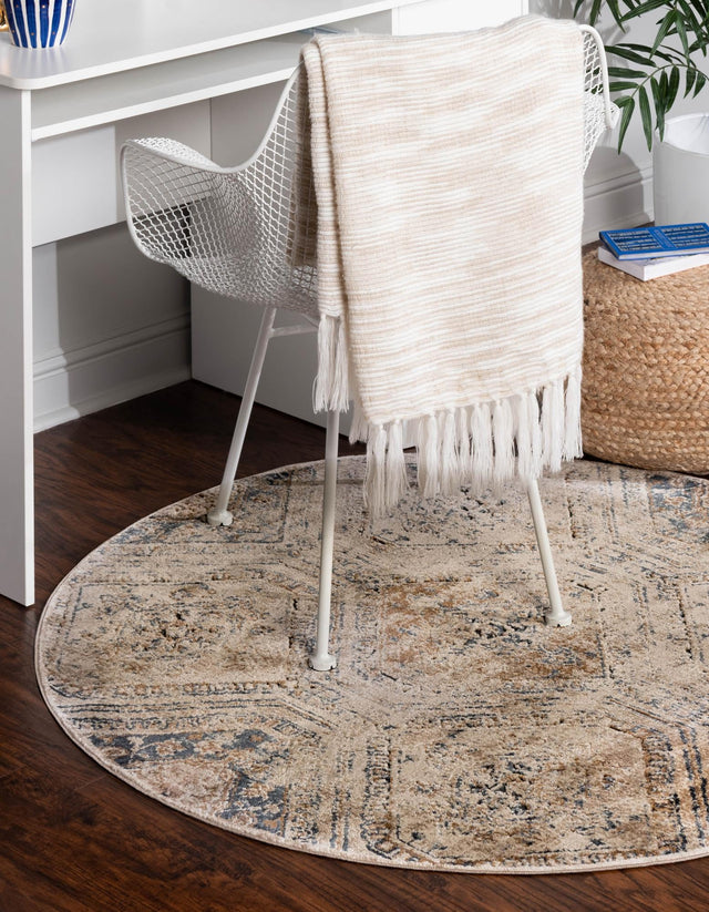 Blue Beige 7' 10 x 7' 10 Chateau Round Area Rug 85% Polypropylene & 15% Chenille With Cotton Backing Traditional Vintage Distressed Carpet for Classical Interior Design Decorating for Sale at Rug Engine
