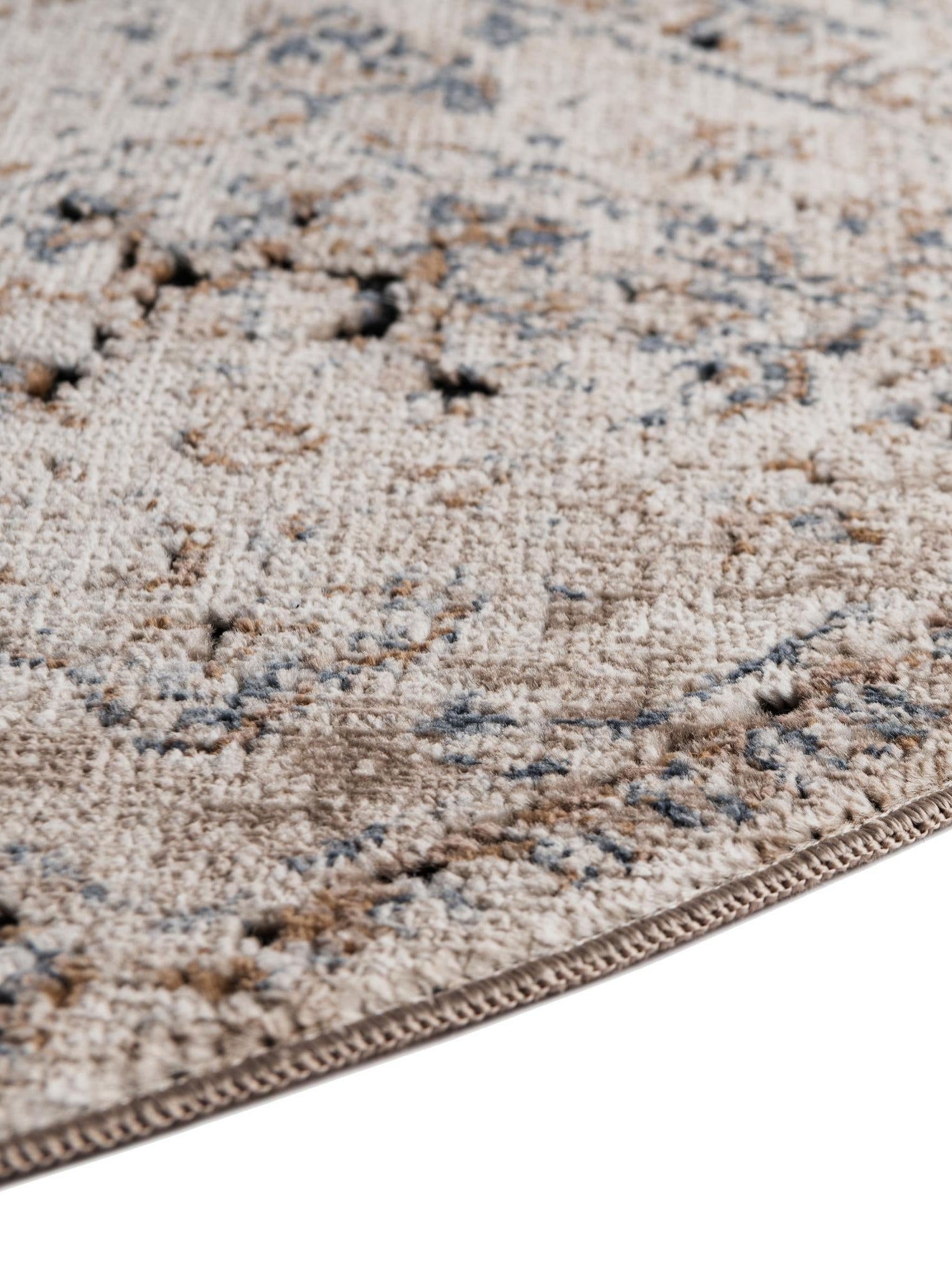 Blue Beige 4' 1 x 4' 1 Chateau Round Area Rug 85% Polypropylene & 15% Chenille With Cotton Backing Traditional Vintage Distressed Carpet for Classical Interior Design Decorating for Sale at Rug Engine
