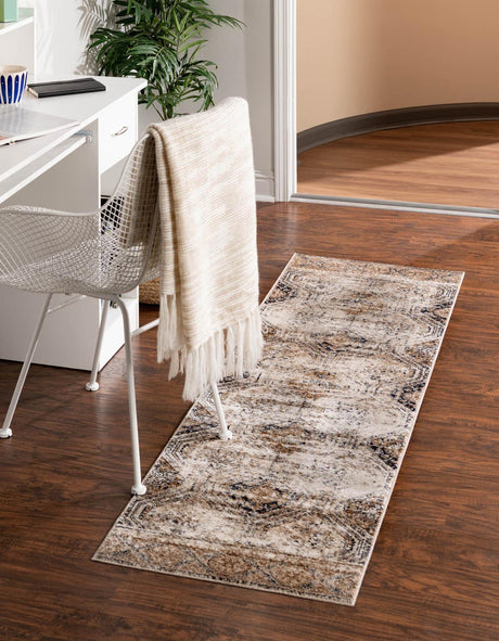 Blue Beige 3' 1 x 13' 1 Chateau Runner Area Rug 85% Polypropylene & 15% Chenille With Cotton Backing Traditional Vintage Distressed Carpet for Classical Interior Design Decorating for Sale at Rug Engine
