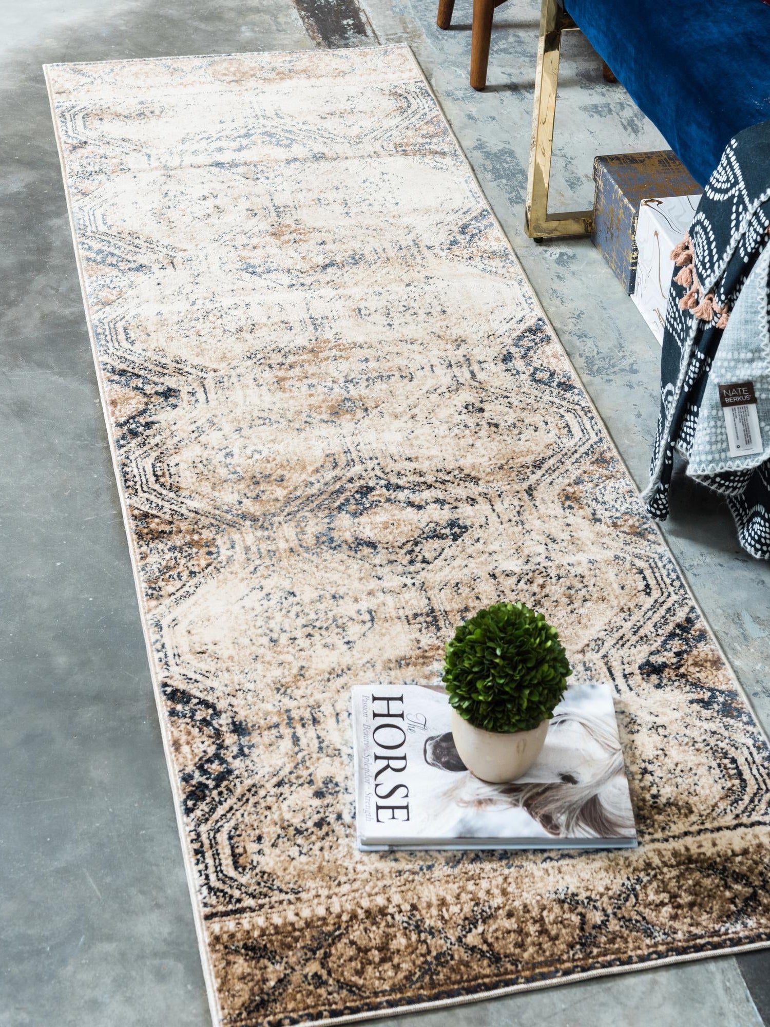 Blue Beige 3' 1 x 13' 1 Chateau Runner Area Rug 85% Polypropylene & 15% Chenille With Cotton Backing Traditional Vintage Distressed Carpet for Classical Interior Design Decorating for Sale at Rug Engine