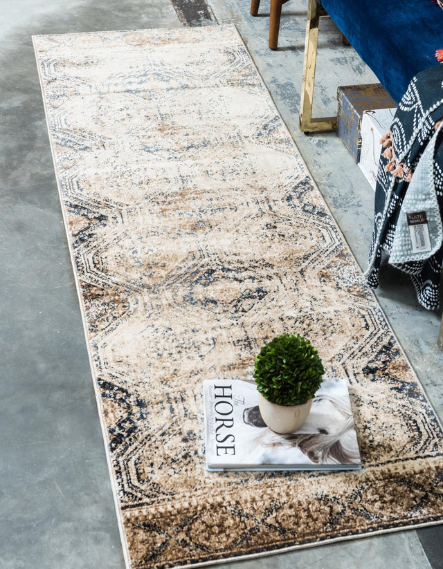 Blue Beige 3' 1 x 13' 1 Chateau Runner Area Rug 85% Polypropylene & 15% Chenille With Cotton Backing Traditional Vintage Distressed Carpet for Classical Interior Design Decorating for Sale at Rug Engine