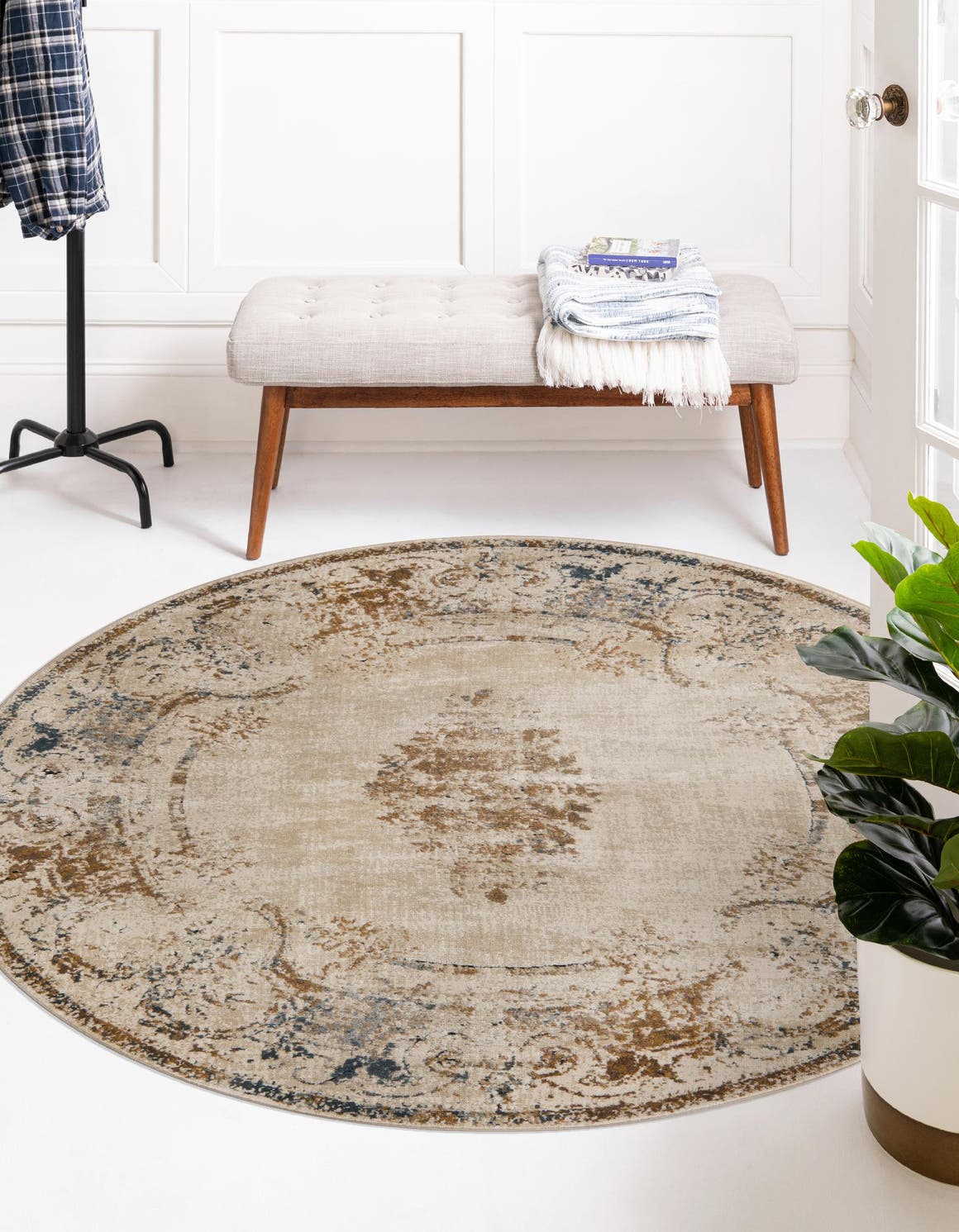 Blue Cream 4' 1 x 4' 1 Chateau Round Area Rug 85% Polypropylene & 15% Chenille With Cotton Backing Traditional Vintage Distressed Carpet for Classical Interior Design Decorating for Sale at Rug Engine