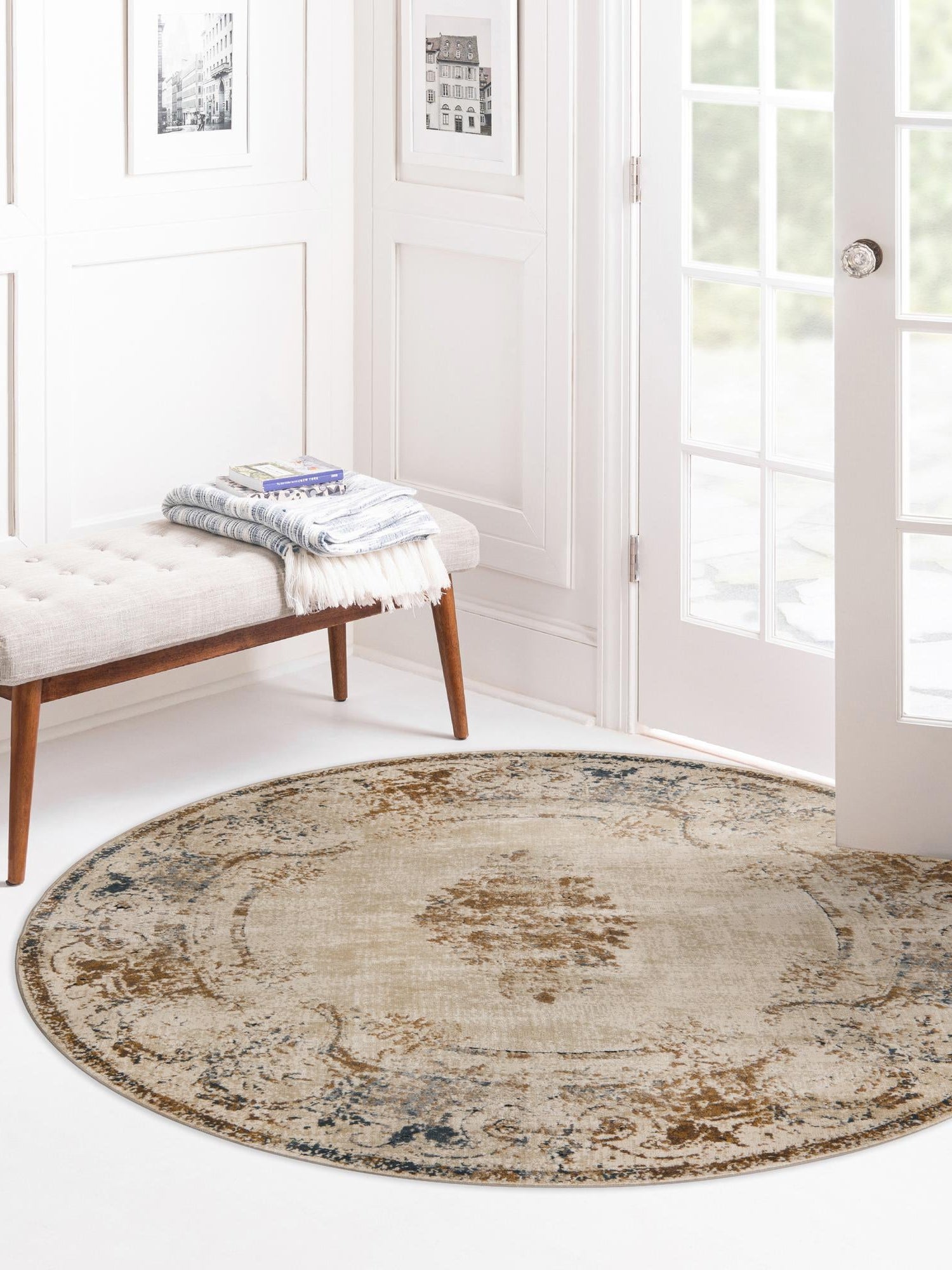 Blue Cream 4' 1 x 4' 1 Chateau Round Area Rug 85% Polypropylene & 15% Chenille With Cotton Backing Traditional Vintage Distressed Carpet for Classical Interior Design Decorating for Sale at Rug Engine