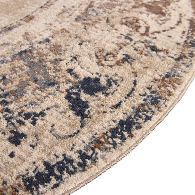 Blue Cream 4' 1 x 4' 1 Chateau Round Area Rug 85% Polypropylene & 15% Chenille With Cotton Backing Traditional Vintage Distressed Carpet for Classical Interior Design Decorating for Sale at Rug Engine