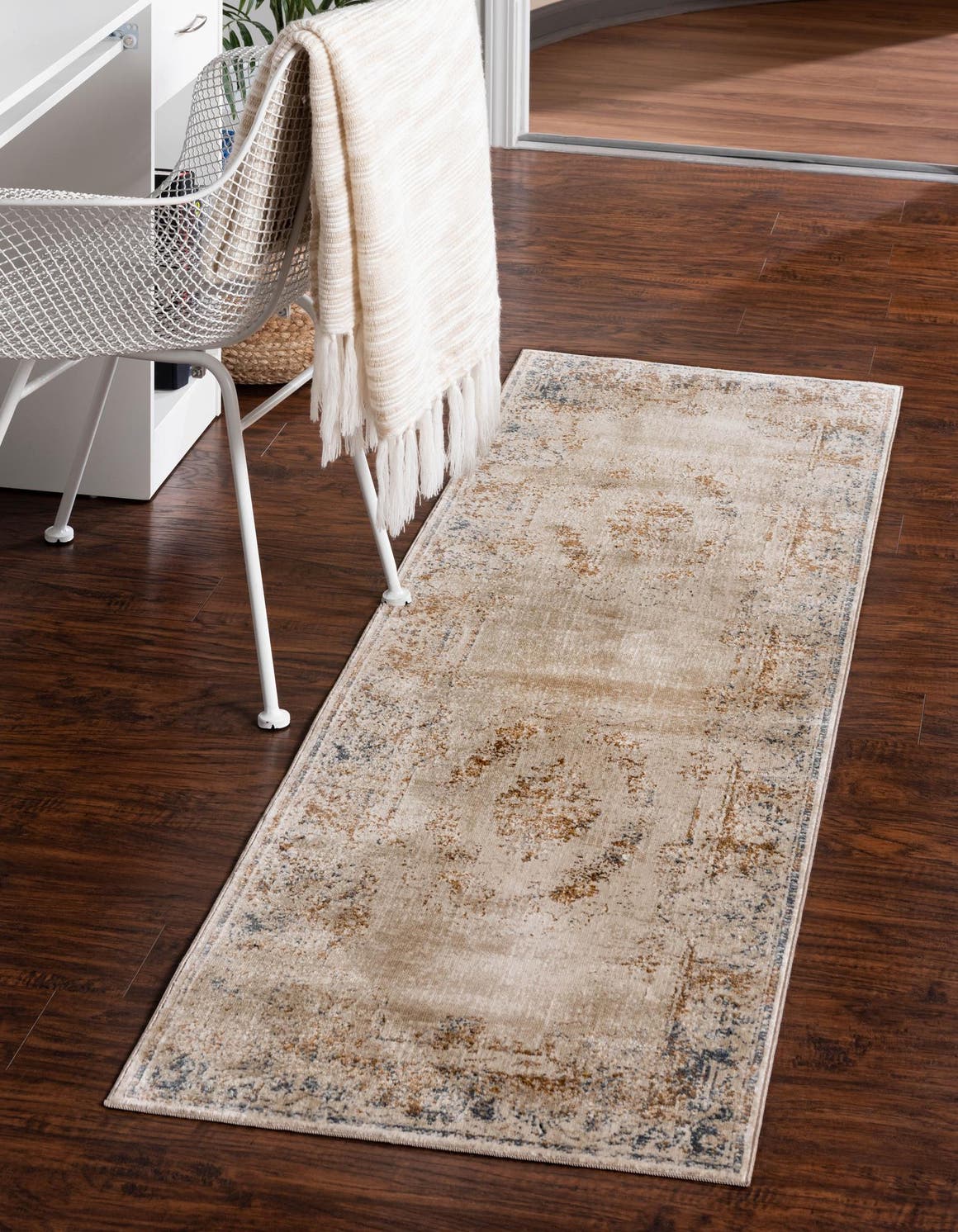 Blue Cream 3' 1 x 13' 1 Chateau Runner Area Rug 85% Polypropylene & 15% Chenille With Cotton Backing Traditional Vintage Distressed Carpet for Classical Interior Design Decorating for Sale at Rug Engine