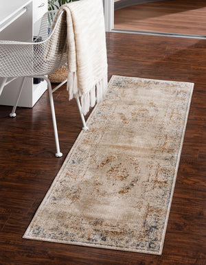 Blue Cream 2' 7 x 10' Chateau Runner Area Rug 85% Polypropylene & 15% Chenille With Cotton Backing Traditional Vintage Distressed Carpet for Classical Interior Design Decorating for Sale at Rug Engine