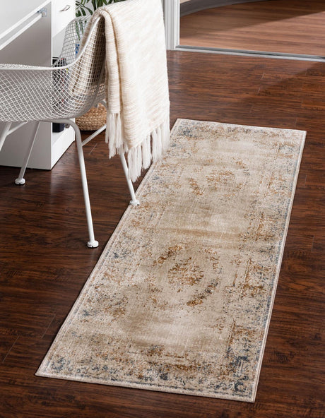 Blue Cream 2' 7 x 10' Chateau Runner Area Rug 85% Polypropylene & 15% Chenille With Cotton Backing Traditional Vintage Distressed Carpet for Classical Interior Design Decorating for Sale at Rug Engine
