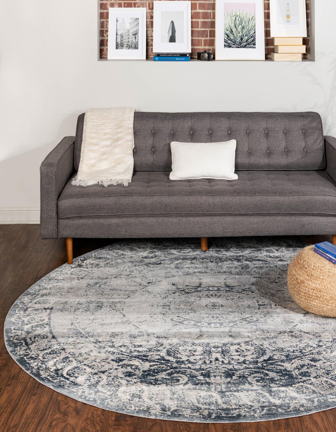 Dark Blue 4' 1 x 4' 1 Chateau Round Area Rug 85% Polypropylene & 15% Chenille With Cotton Backing Traditional Vintage Distressed Carpet for Classical Interior Design Decorating for Sale at Rug Engine