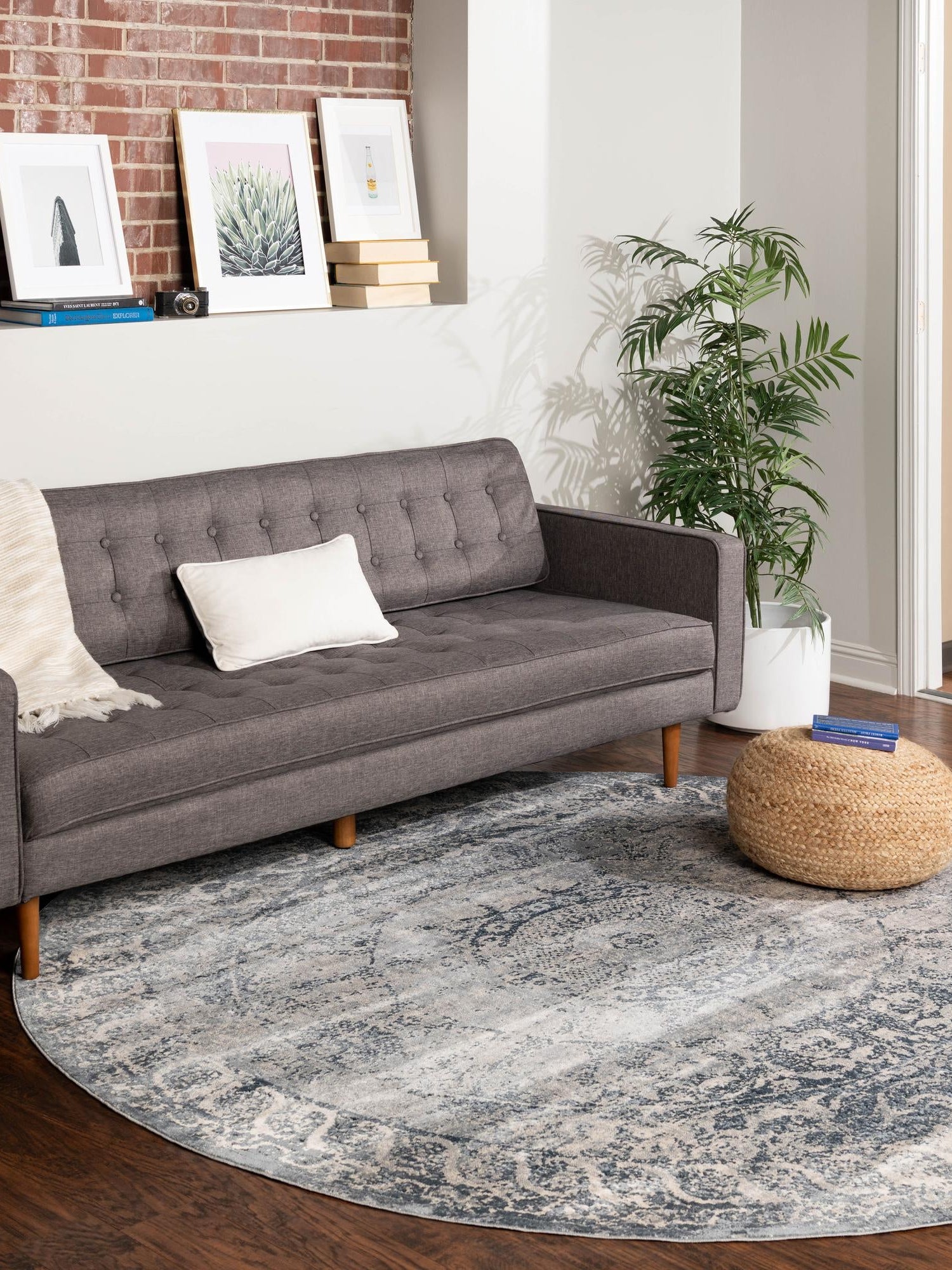 Dark Blue 7' 10 x 7' 10 Chateau Round Area Rug 85% Polypropylene & 15% Chenille With Cotton Backing Traditional Vintage Distressed Carpet for Classical Interior Design Decorating for Sale at Rug Engine