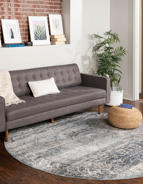 Dark Blue 7' 10 x 7' 10 Chateau Round Area Rug 85% Polypropylene & 15% Chenille With Cotton Backing Traditional Vintage Distressed Carpet for Classical Interior Design Decorating for Sale at Rug Engine
