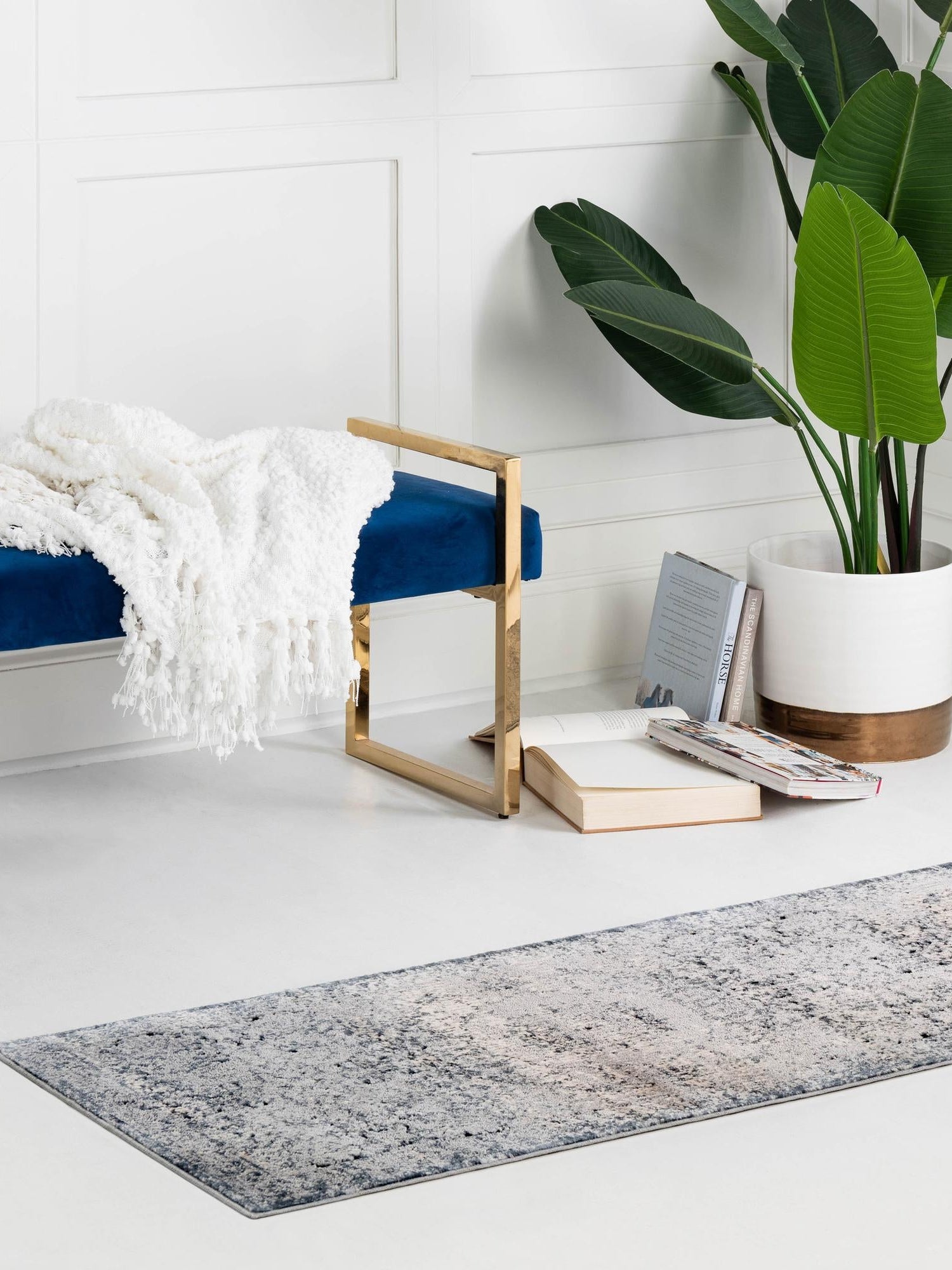 Dark Blue 3' 1 x 13' 1 Chateau Runner Area Rug 85% Polypropylene & 15% Chenille With Cotton Backing Traditional Vintage Distressed Carpet for Classical Interior Design Decorating for Sale at Rug Engine