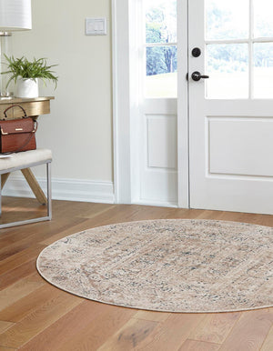 Beige 4' 1 x 4' 1 Chateau Round Area Rug 85% Polypropylene & 15% Chenille With Cotton Backing Traditional Vintage Distressed Carpet for Classical Interior Design Decorating for Sale at Rug Engine