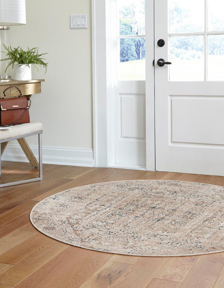 Beige 4' 1 x 4' 1 Chateau Round Area Rug 85% Polypropylene & 15% Chenille With Cotton Backing Traditional Vintage Distressed Carpet for Classical Interior Design Decorating for Sale at Rug Engine