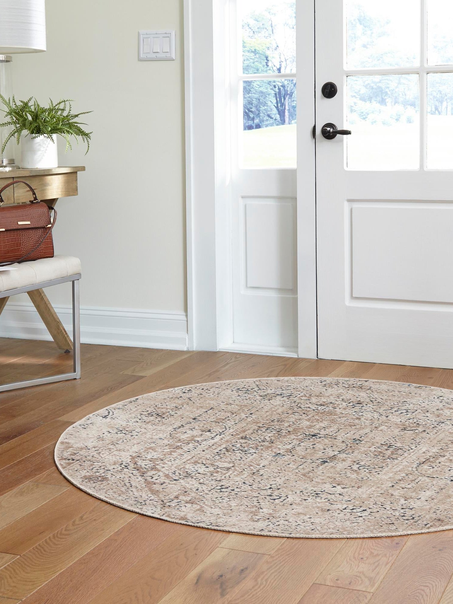 Beige 7' 10 x 7' 10 Chateau Round Area Rug 85% Polypropylene & 15% Chenille With Cotton Backing Traditional Vintage Distressed Carpet for Classical Interior Design Decorating for Sale at Rug Engine