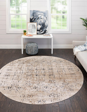 Beige 4' 1 x 4' 1 Chateau Round Area Rug 85% Polypropylene & 15% Chenille With Cotton Backing Traditional Vintage Distressed Carpet for Classical Interior Design Decorating for Sale at Rug Engine