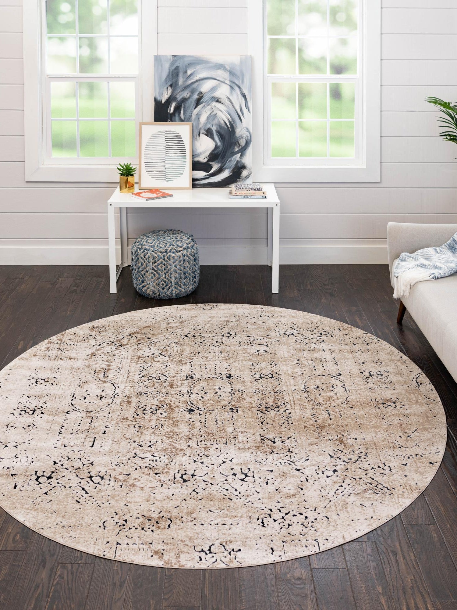 Beige 7' 10 x 7' 10 Chateau Round Area Rug 85% Polypropylene & 15% Chenille With Cotton Backing Traditional Vintage Distressed Carpet for Classical Interior Design Decorating for Sale at Rug Engine