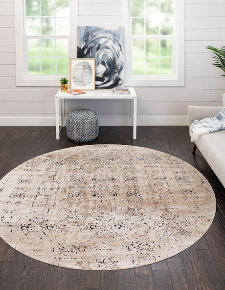 Beige 7' 10 x 7' 10 Chateau Round Area Rug 85% Polypropylene & 15% Chenille With Cotton Backing Traditional Vintage Distressed Carpet for Classical Interior Design Decorating for Sale at Rug Engine