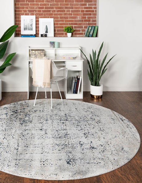 Gray 7' 10 x 7' 10 Chateau Round Area Rug 85% Polypropylene & 15% Chenille With Cotton Backing Traditional Vintage Distressed Carpet for Classical Interior Design Decorating for Sale at Rug Engine