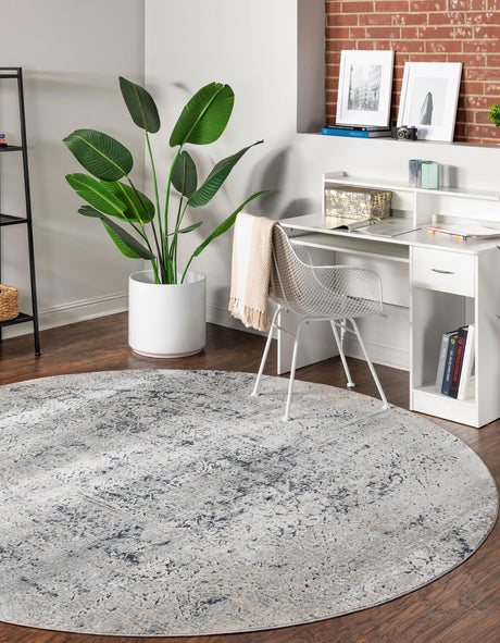 Gray 4' 1 x 4' 1 Chateau Round Area Rug 85% Polypropylene & 15% Chenille With Cotton Backing Traditional Vintage Distressed Carpet for Classical Interior Design Decorating for Sale at Rug Engine