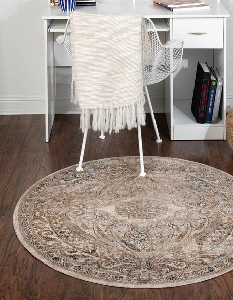 Beige 4' 1 x 4' 1 Chateau Round Area Rug 85% Polypropylene & 15% Chenille With Cotton Backing Traditional Vintage Distressed Carpet for Classical Interior Design Decorating for Sale at Rug Engine