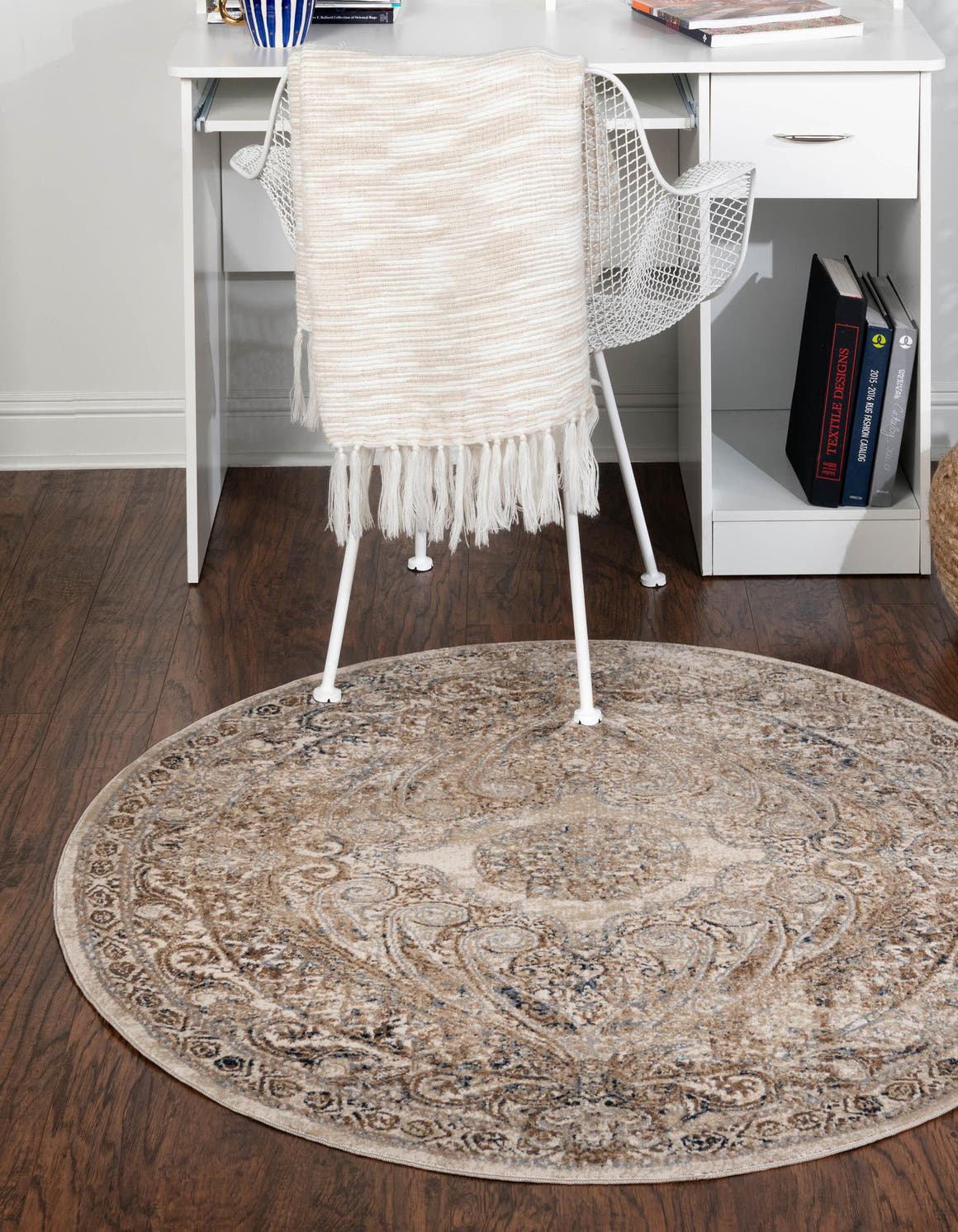 Beige 7' 10 x 7' 10 Chateau Round Area Rug 85% Polypropylene & 15% Chenille With Cotton Backing Traditional Vintage Distressed Carpet for Classical Interior Design Decorating for Sale at Rug Engine