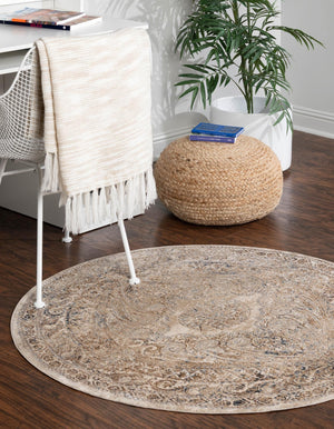 Beige 7' 10 x 7' 10 Chateau Round Area Rug 85% Polypropylene & 15% Chenille With Cotton Backing Traditional Vintage Distressed Carpet for Classical Interior Design Decorating for Sale at Rug Engine