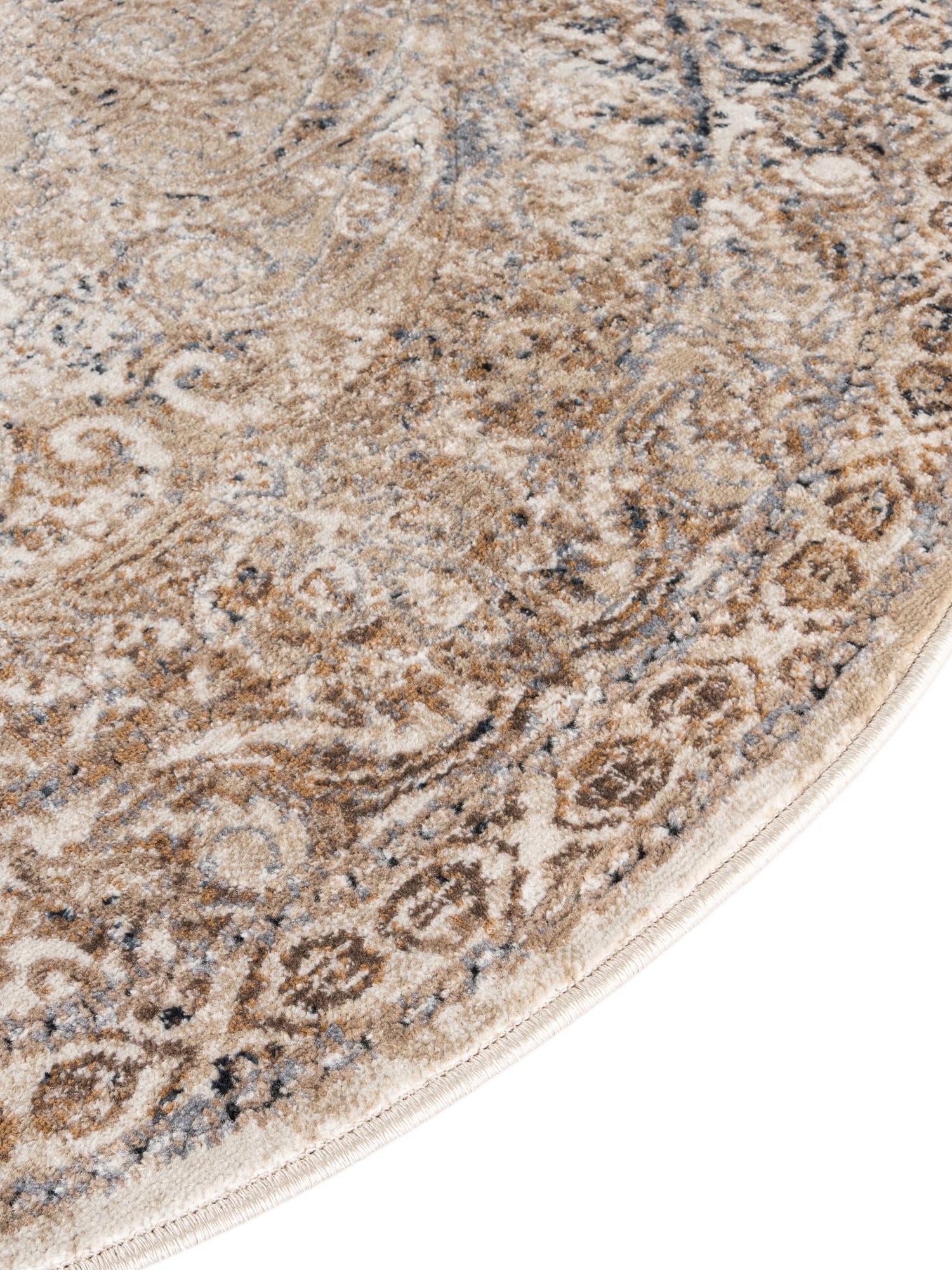 Beige 4' 1 x 4' 1 Chateau Round Area Rug 85% Polypropylene & 15% Chenille With Cotton Backing Traditional Vintage Distressed Carpet for Classical Interior Design Decorating for Sale at Rug Engine