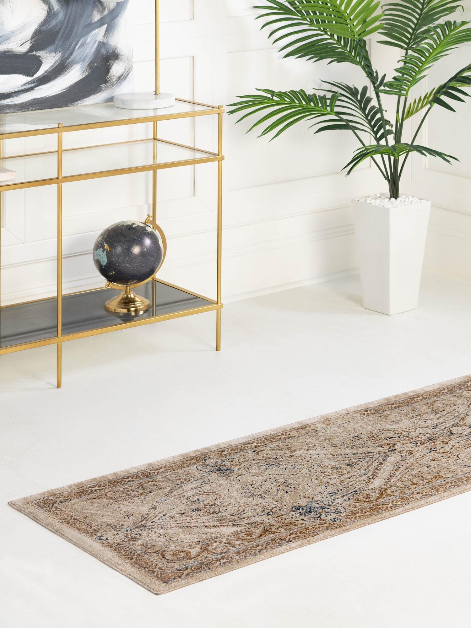 Beige 2' x 6' 9 Chateau Runner Area Rug 85% Polypropylene & 15% Chenille With Cotton Backing Traditional Vintage Distressed Carpet for Classical Interior Design Decorating for Sale at Rug Engine