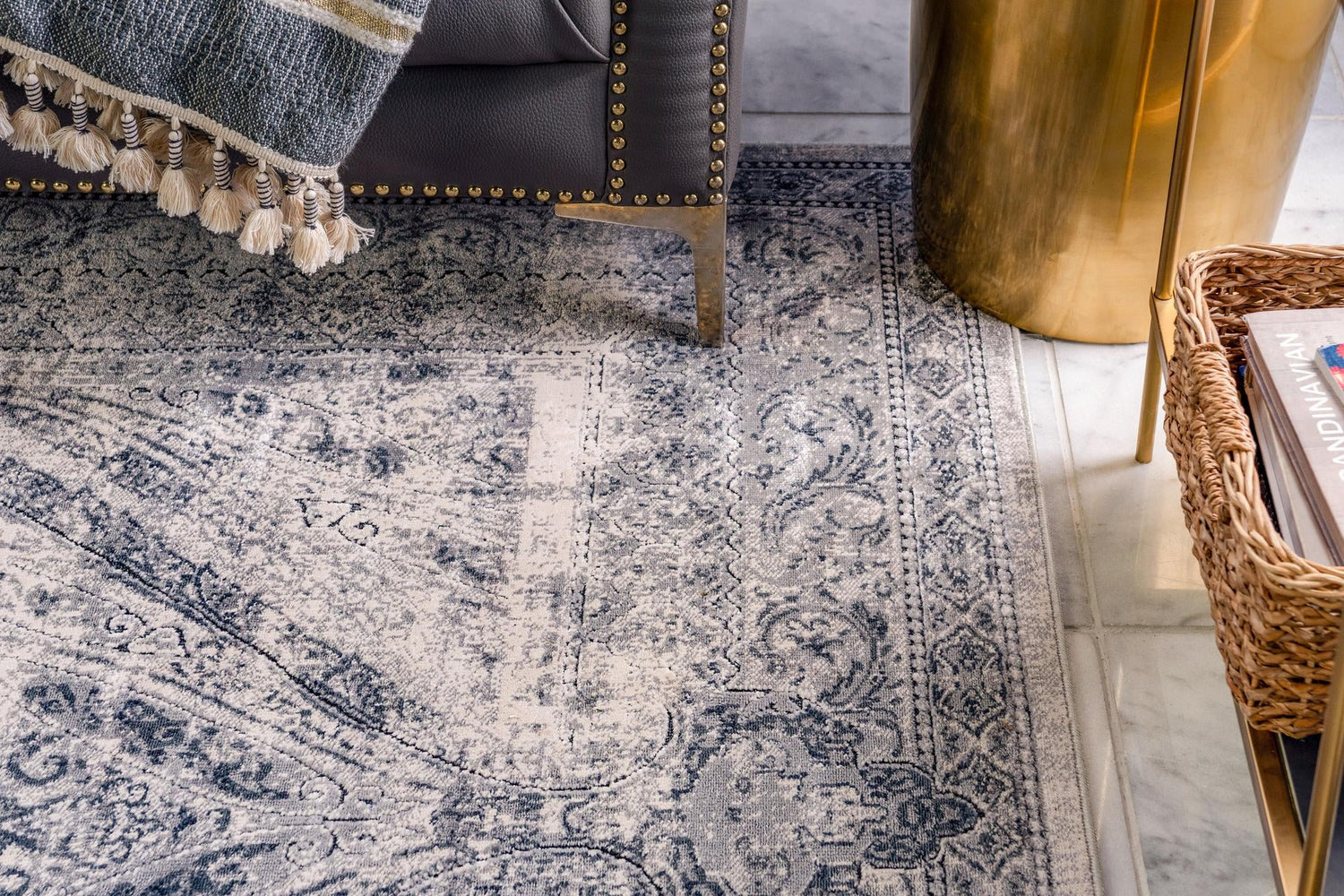 Dark Blue 7' 10 x 10' Chateau Rectangle Area Rug 85% Polypropylene & 15% Chenille With Cotton Backing Traditional Vintage Distressed Carpet for Classical Interior Design Decorating for Sale at Rug Engine