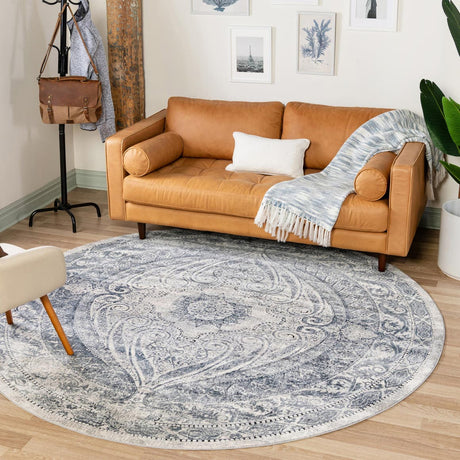 Dark Blue 4' 1 x 4' 1 Chateau Round Area Rug 85% Polypropylene & 15% Chenille With Cotton Backing Traditional Vintage Distressed Carpet for Classical Interior Design Decorating for Sale at Rug Engine