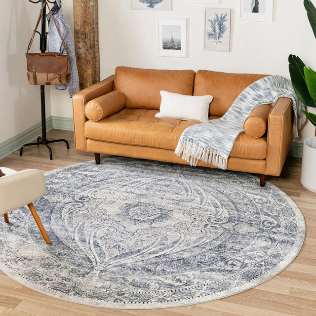 Dark Blue 4' 1 x 4' 1 Chateau Round Area Rug 85% Polypropylene & 15% Chenille With Cotton Backing Traditional Vintage Distressed Carpet for Classical Interior Design Decorating for Sale at Rug Engine