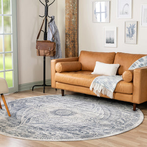 Dark Blue 4' 1 x 4' 1 Chateau Round Area Rug 85% Polypropylene & 15% Chenille With Cotton Backing Traditional Vintage Distressed Carpet for Classical Interior Design Decorating for Sale at Rug Engine