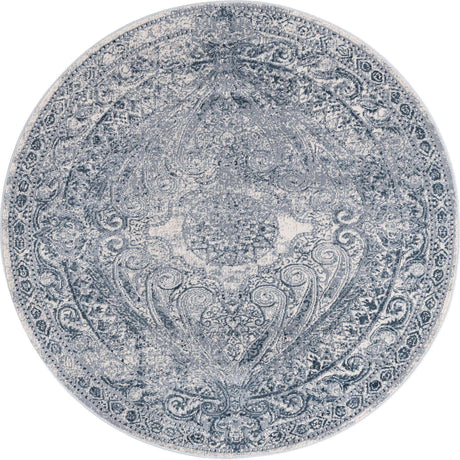Dark Blue 4' 1 x 4' 1 Chateau Round Area Rug 85% Polypropylene & 15% Chenille With Cotton Backing Traditional Vintage Distressed Carpet for Classical Interior Design Decorating for Sale at Rug Engine