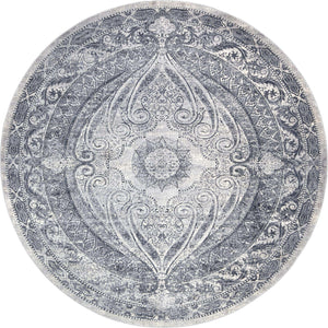 Dark Blue 7' 10 x 7' 10 Chateau Round Area Rug 85% Polypropylene & 15% Chenille With Cotton Backing Traditional Vintage Distressed Carpet for Classical Interior Design Decorating for Sale at Rug Engine