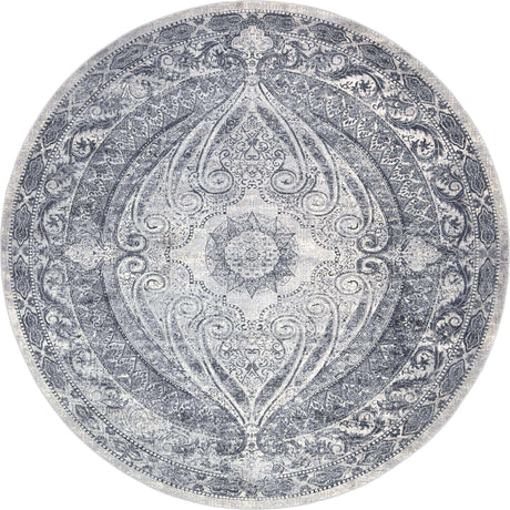 Dark Blue 7' 10 x 7' 10 Chateau Round Area Rug 85% Polypropylene & 15% Chenille With Cotton Backing Traditional Vintage Distressed Carpet for Classical Interior Design Decorating for Sale at Rug Engine