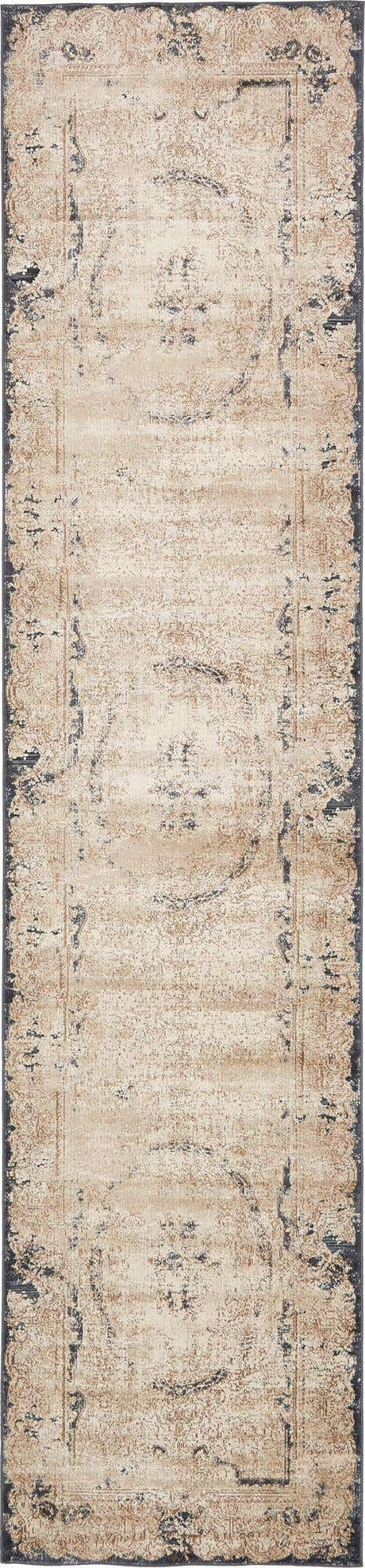 Cream 3' 1 x 13' 1 Chateau Runner Area Rug 85% Polypropylene & 15% Chenille With Cotton Backing Traditional Vintage Distressed Carpet for Classical Interior Design Decorating for Sale at Rug Engine