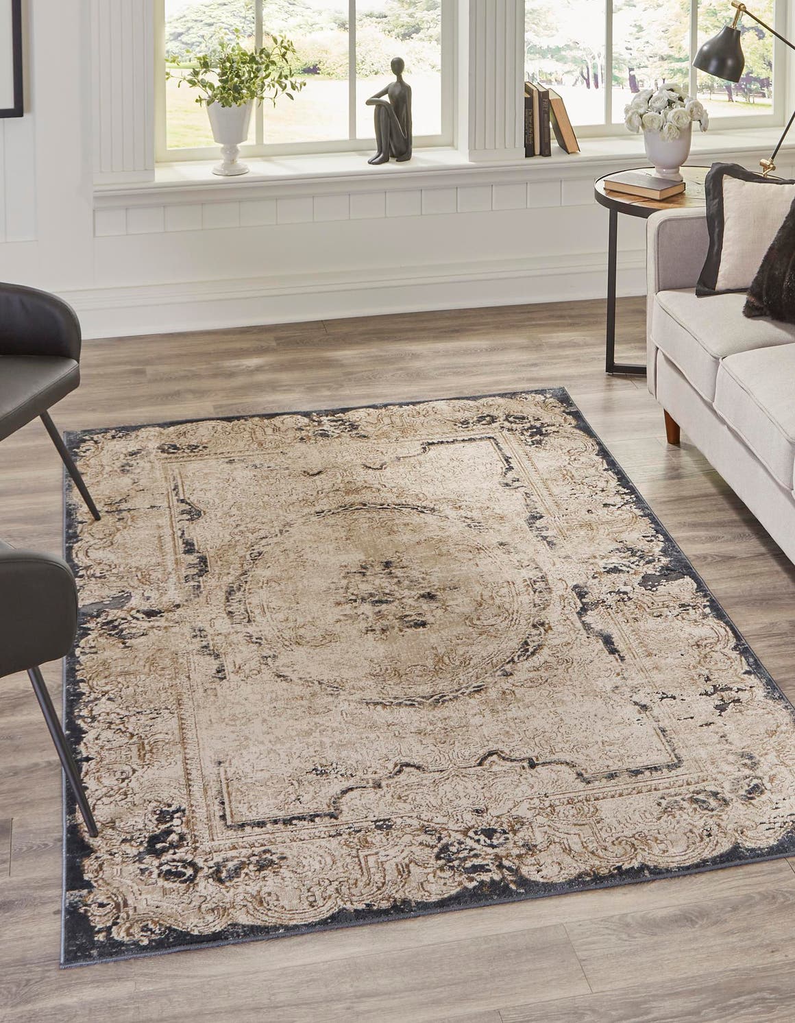 Cream 5' 3 x 8' Chateau Rectangle Area Rug 85% Polypropylene & 15% Chenille With Cotton Backing Traditional Vintage Distressed Carpet for Classical Interior Design Decorating for Sale at Rug Engine