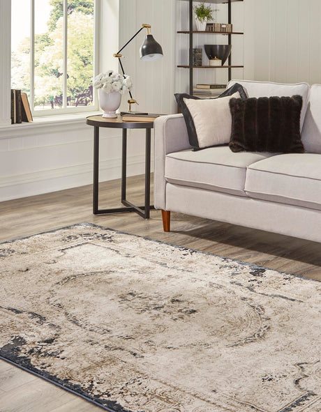 Cream 6' 1 x 9' Chateau Rectangle Area Rug 85% Polypropylene & 15% Chenille With Cotton Backing Traditional Vintage Distressed Carpet for Classical Interior Design Decorating for Sale at Rug Engine