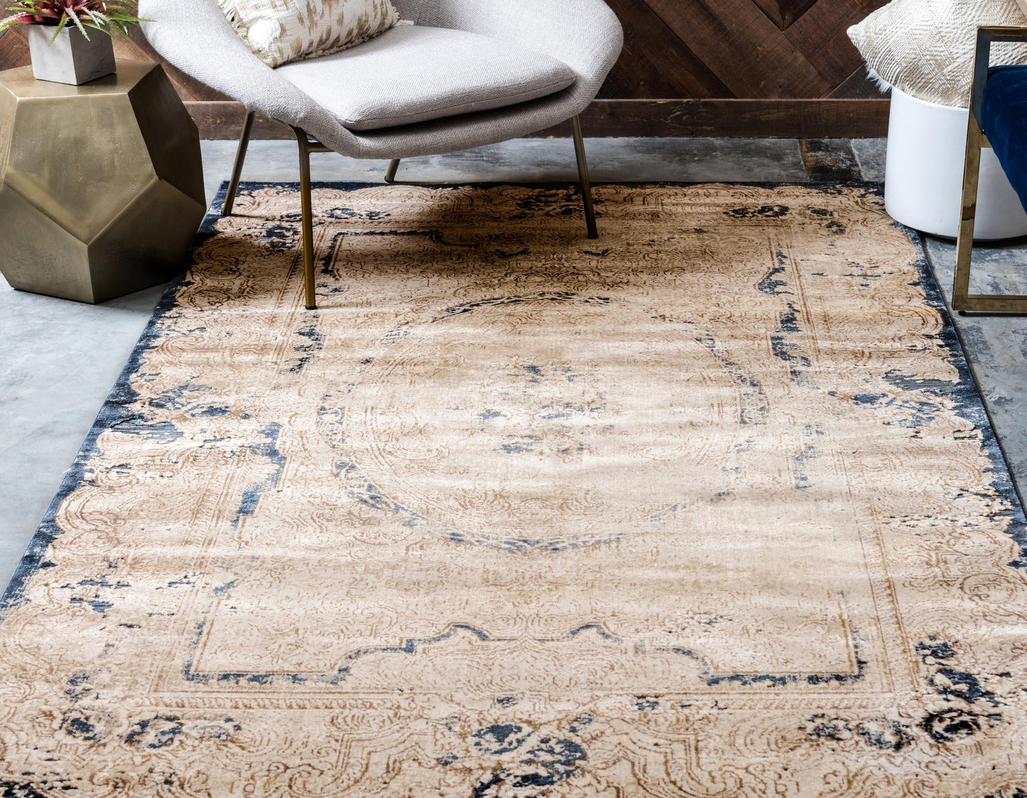 Cream 6' 1 x 9' Chateau Rectangle Area Rug 85% Polypropylene & 15% Chenille With Cotton Backing Traditional Vintage Distressed Carpet for Classical Interior Design Decorating for Sale at Rug Engine