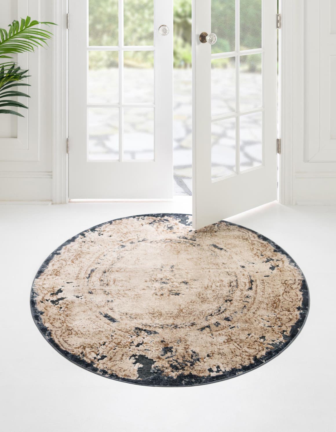 Cream 7' 10 x 7' 10 Chateau Round Area Rug 85% Polypropylene & 15% Chenille With Cotton Backing Traditional Vintage Distressed Carpet for Classical Interior Design Decorating for Sale at Rug Engine