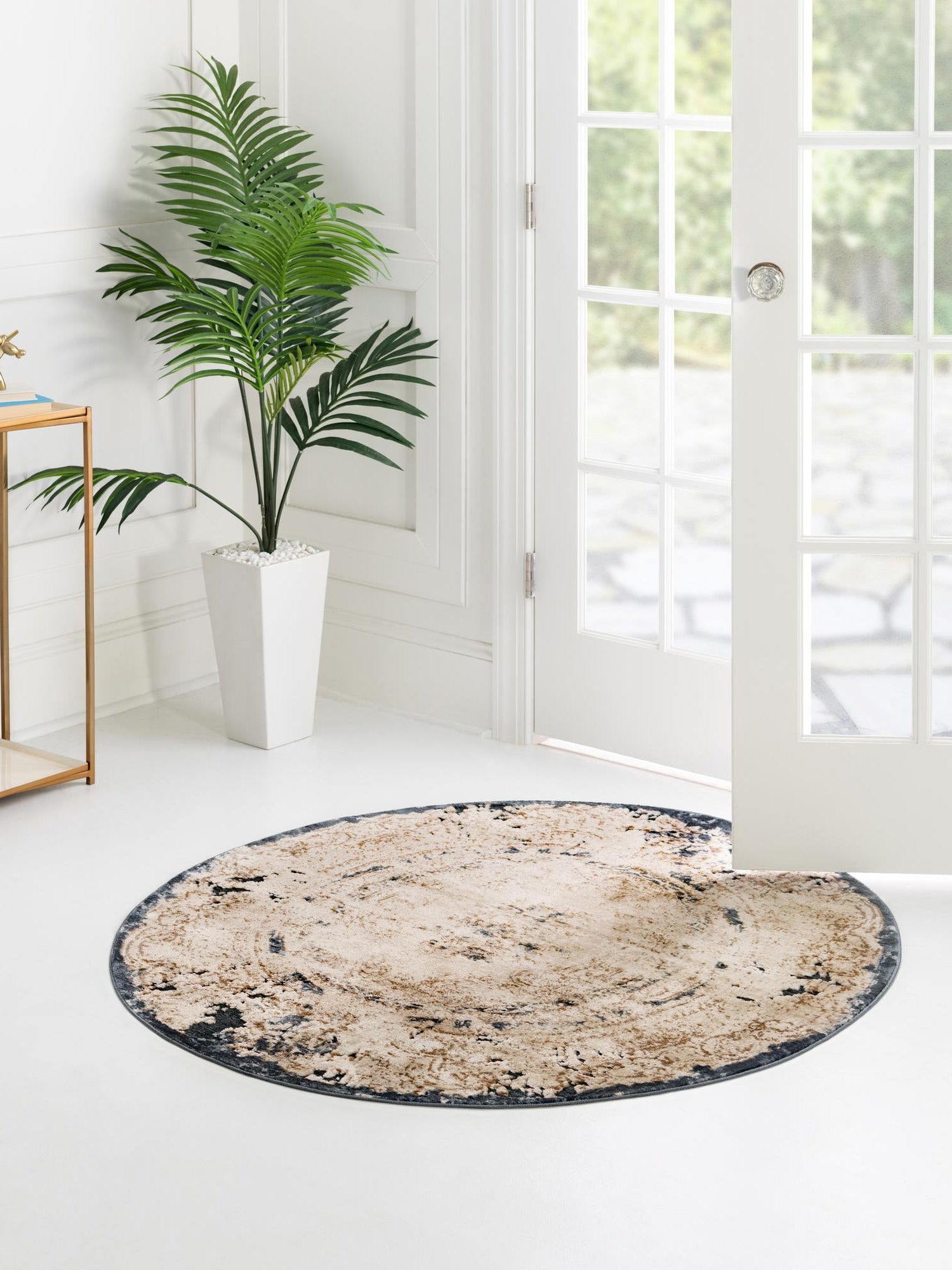 Cream 4' 1 x 4' 1 Chateau Round Area Rug 85% Polypropylene & 15% Chenille With Cotton Backing Traditional Vintage Distressed Carpet for Classical Interior Design Decorating for Sale at Rug Engine