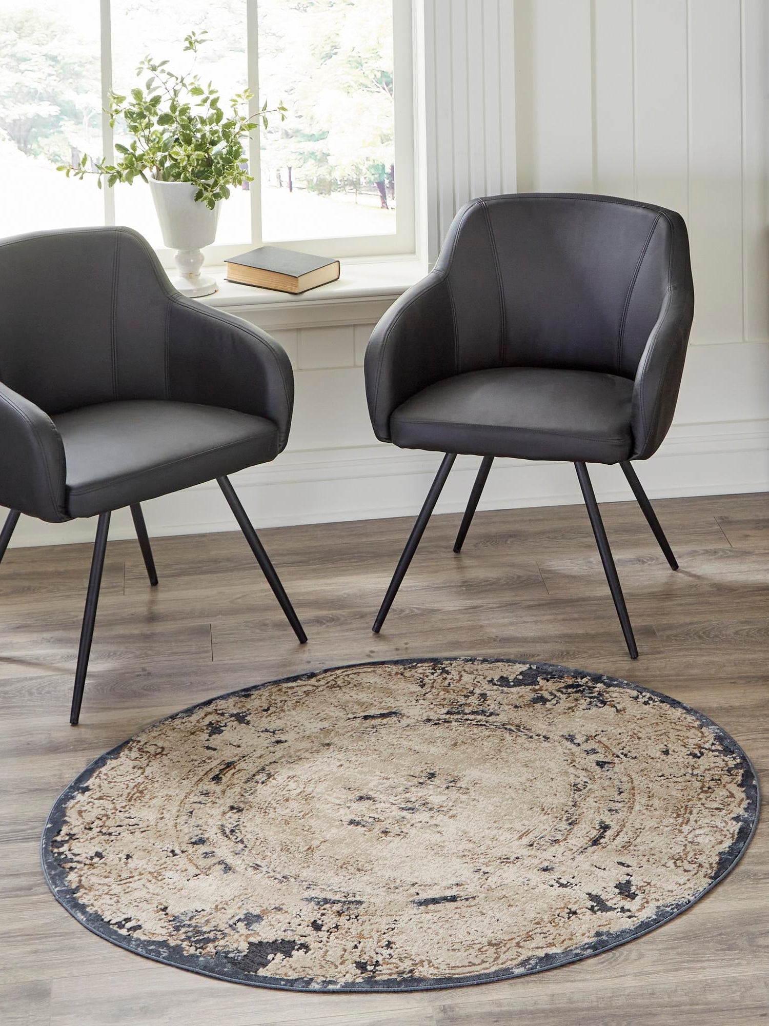 Cream 4' 1 x 4' 1 Chateau Round Area Rug 85% Polypropylene & 15% Chenille With Cotton Backing Traditional Vintage Distressed Carpet for Classical Interior Design Decorating for Sale at Rug Engine