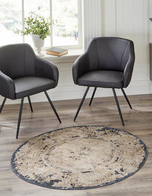 Cream 4' 1 x 4' 1 Chateau Round Area Rug 85% Polypropylene & 15% Chenille With Cotton Backing Traditional Vintage Distressed Carpet for Classical Interior Design Decorating for Sale at Rug Engine